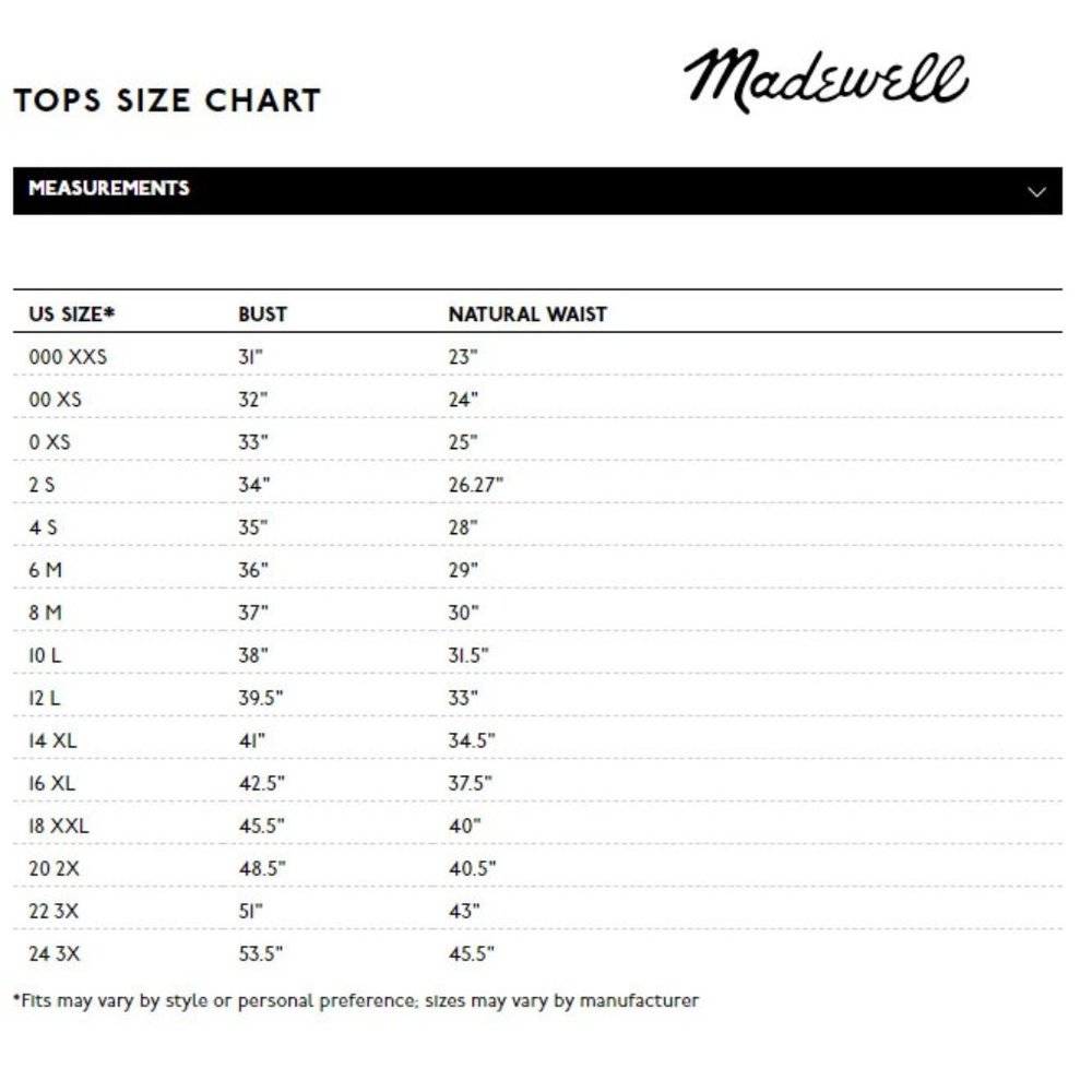Madewell Tops Size Chart
